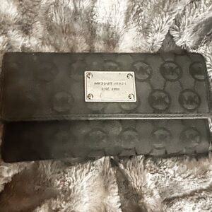 Michael Kors Monogram Black Large Tri Fold Wallet Silver Logo Used